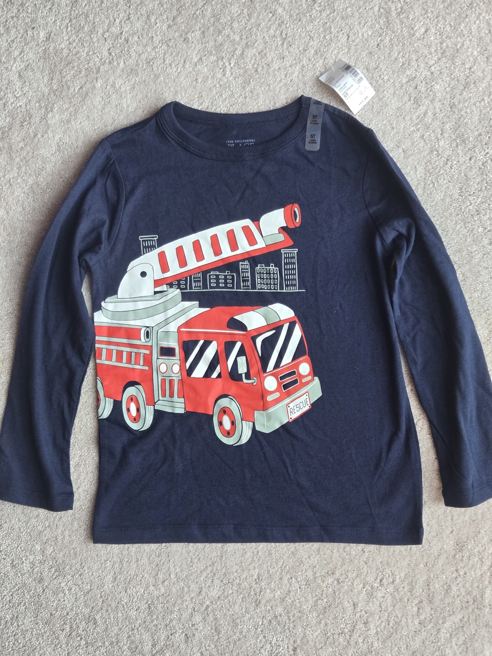 The Children's Place Navy Long-Sleeve Tee with Red Fire Engine Graphic